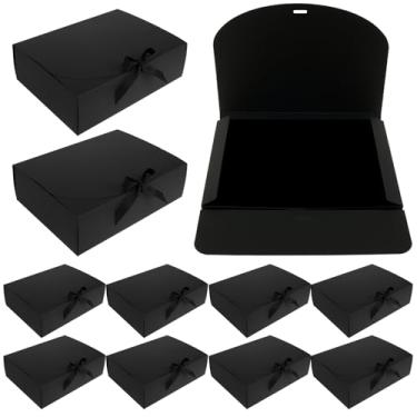 Imagem de QENWKXZ 10 caixas de presente com tampas, caixa de presente de papel de 26 x 19 x 8,15 cm, caixa de presente de dama de honra com fita para casamento, embalagem, presente, aniversário, cupcake festa