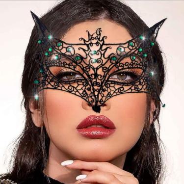 Imagem de Tgirls Rhinestone Masquerade Mask Crystal Lace Mask for Women Costume Face Masks for Party Fox Shape Eye Mask (Green)