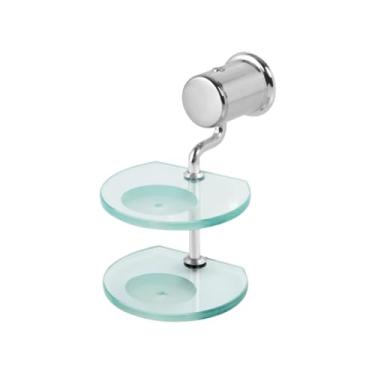 Imagem de Saboneteira de Parede Dupla em Vidro e Metal, Transparente, com Prateleiras Circulares, 20x13,5x10cm, Suporte Cromado para Banheiro