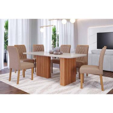 Imagem de Sala de Jantar Completa Ester Tampo Madeirado c/ Vidro 180x90cm e 6 Cadeiras Juliana Cinamomo/Off White - Carvalho/Linho Bege - Cimol