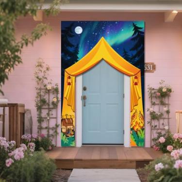 Imagem de WADORN Banner de porta com foto de acampamento, 1,5 x 2,5 m, acampamento, aventura, festa de aniversário, moldura de fundo de barraca de acampamento para pendurar na varanda para acampamento, festa