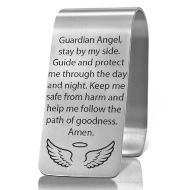 Imagem de XQLZY Guardian Angel Stay by My Side Clipe de viseira de carro de aço inoxidável gravado, acessórios de viseira, anjo da guarda inspirador, presentes de condução segura para a família, amigo