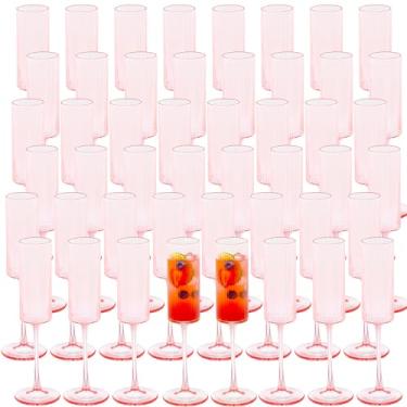 Imagem de JLYLOL 48 peças de taças de champanhe de plástico rosa de 170 g taças de champanhe com nervuras grandes para brindar taças de plástico de vidro para festas vintage Mimosa Copos de bar elegantes para