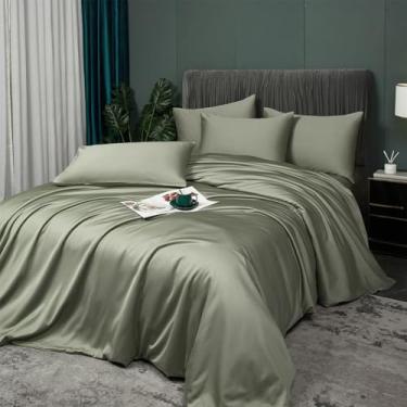 Imagem de Conjunto completo de capa de edredom refrescante, verde sálvia, 100% viscose derivada do bambu, conjunto de cama de rayon macio respirável de verão para pessoas que dormem quentes, luxuosa, luxuosa