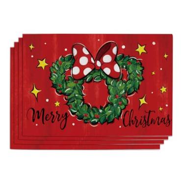 Imagem de Seliem Conjunto de 4 jogos americanos de guirlanda de Feliz Natal, bolinhas vermelhas, laço, estrelas, mesa de jantar, decoração de cozinha de inverno, decoração de casa, 30,5 x 45,7 cm