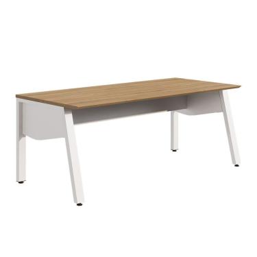 Imagem de Mesa Escrivaninha Escritório 150cm com Tampo Chanfrado e Pés Metálicos Industrial Executive Macadâmia / Branco