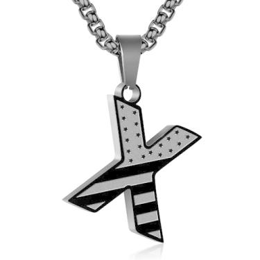 Imagem de Zocomi Colar com pingente de inicial da bandeira americana para homens e meninos, corrente de aço inoxidável 316L A-Z caixa de letras 50 + 5 cm joias presentes, Aço inoxidável, Sem Pedra Preciosa