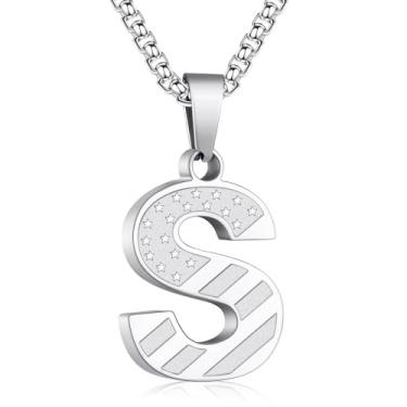 Imagem de Zocomi Colar com pingente de inicial da bandeira americana para homens e meninos, corrente de aço inoxidável 316L A-Z caixa de letras 50 + 5 cm joias presentes, Aço inoxidável, Sem Pedra Preciosa