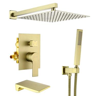 Imagem de SHAMANDA Sistema de chuveiro com bico de banheira de cachoeira e chuveiro de mão, conjuntos de torneira de chuveiro de chuva de 30,48 cm, completo com válvula de chuveiro redonda e suporte de parede, ouro escovado, L101-3