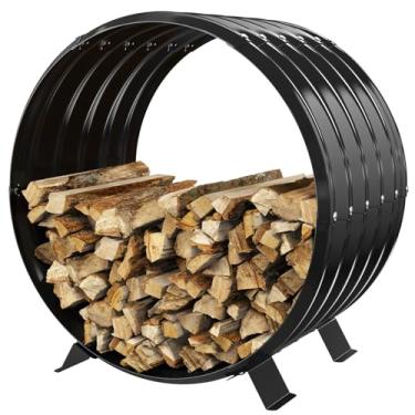 Imagem de JAUZVIL Rack redondo para lenha resistente – Aço galvanizado em forma de onda com 4 pernas resistentes – 0,8 mm de espessura revestido a preto – Suporte de madeira interno ou externo para lareira
