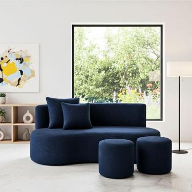 Imagem de Conjunto Sofá Curvo Orgânico + 2Puffs Nature Gaia Boucle Azul Marinho 