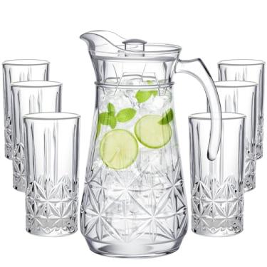 Imagem de LemonRoad Conjunto de 7 peças de jarro de copos de 1,5 l jarra de cristal e 6 conjuntos de bebidas altas, jarro com tampa e bico para suco, chá gelado ou água