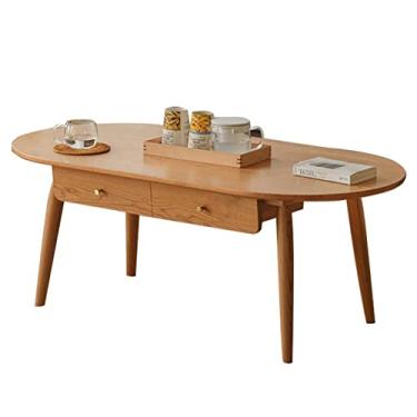 Imagem de Mesa de centro de madeira rústica com 2 gavetas de armazenamento, mesa de canto para sala de estar, mesa de estudo retangular moderna para laptop e trabalho