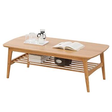 Imagem de Mesa de centro industrial, mesa de centro moderna com prateleira de armazenamento, mesa central vintage de 2 níveis, mesa de madeira para sala de estar com prateleira de malha densa, marrom rústico