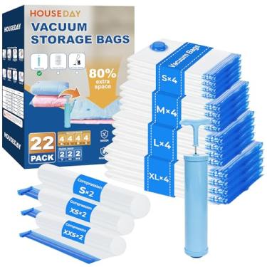Imagem de HOUSE DAY Pacote com 22 sacos de armazenamento a vácuo com bomba, sacos de vedação a vácuo que economizam espaço para viagem, 4 Jumbo/4 grandes/4 médio/4 pequeno, 2S/2XS/2XXS sacos de enrolar, bomba