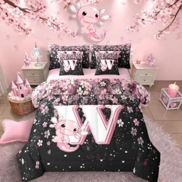 Imagem de Erosebridal Conjunto de edredom solteiro, rosa, preto, alfabeto, com lindo design de axolote – Conjunto de cama de axolote fofo com flor de cerejeira japonesa, 7 peças, presente com letra inicial para