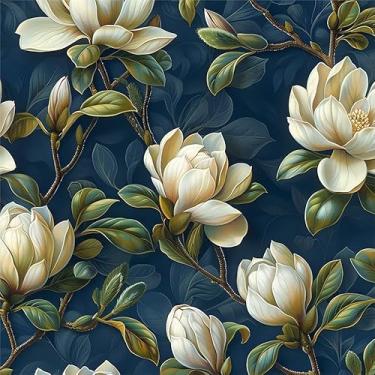 Imagem de Yzogbry Papel de parede vintage floral azul branco magnólia para decoração de parede autoadesivo papel de parede em contato fácil para apartamento locatário