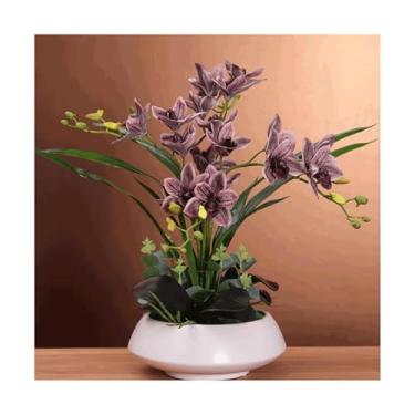 Imagem de PEKJI Flores artificiais de orquídea PU flores artificiais decorativas em vaso de cerâmica para centros de mesa arranjos florais