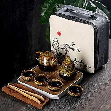 Imagem de Conjunto de chá de cerâmica, conjunto de viagem portátil com bule de chá, xícaras de chá, recipiente de chá, bandeja de chá e bolsa de viagem, adequado para viagens, ao ar livre e bule de chá de