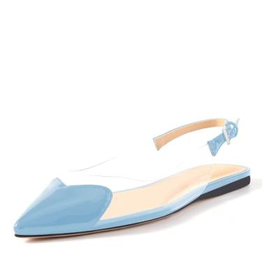 Imagem de Fravonkass Sapatilhas femininas modernas com bico de coração transparente em PVC com bico fino preto chique e bico fino transparente para encontros e escritório sapatos rasos para mulheres, Azul claro