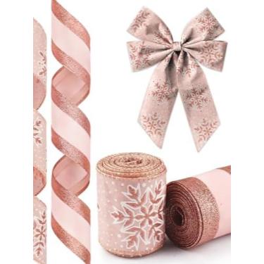 Imagem de 2 rolos de fita de Natal para presentes de guirlanda, fita de floco de neve dourada rosa com glitter para embrulhar presentes, artigos de festa, decoração, artesanato, 6,3 cm x 10 jardas, grinaldas de