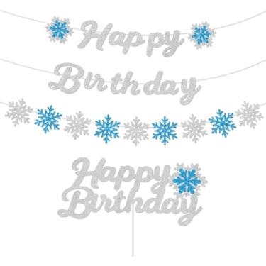 Imagem de Faixa de floco de neve de feliz aniversário azul flocos de neve decorações de férias de inverno Paty Glitter letra prata guirlanda de aniversário de inverno País das Maravilhas Tema Frozen Festa de
