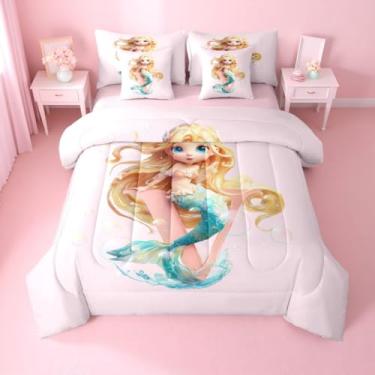 Imagem de Erosebridal Conjunto de edredom de sereia rosa fofo com lençol - conjunto de cama solteiro com monograma, para meninos e meninas, com inicial V, 7 peças, conjunto de cama de princesa