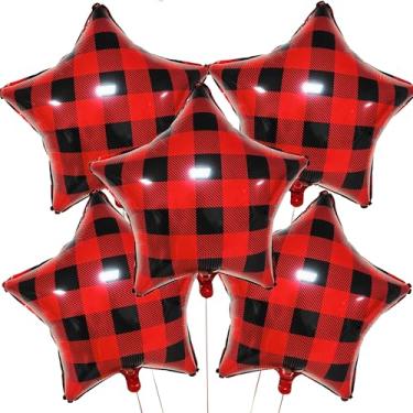 Imagem de TiAaihion Pacote com 5 balões de folha de estrela xadrez búfalo 45,7 cm - balões de estrela xadrez vermelho e preto para decorações de Natal rústicas, suprimentos de festa de aniversário de lenhador