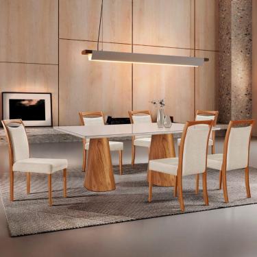 Imagem de Mesa Noronha 180cm Tampo Com Vidro Laqueado Com 6 Cadeiras Linho Off White Imbuia Natural