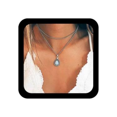 Imagem de Xduargs Colar Boho em camadas de cristal de lágrima com pingente de pedra da lua colar oval opala gargantilha gargantilha colar de corrente de camada dupla para mulheres