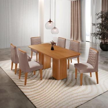 Imagem de Mesa De Jantar Eloise 180cm Tampo MDF Com 6 Cadeira Moderna Linho Capuccino Naturale