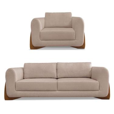 Imagem de Kit Poltrona E Sofá 2 Lugares Linho Pés Castanho Cor Areia