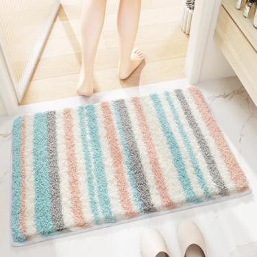 Imagem de Tapete de banho listrado, tapete de banho absorvente extramacio, tapete de banheiro confortável antiderrapante, tapete para banheira, chuveiro, banheiro, lavar à máquina, secar na máquina, 51 x 79 cm