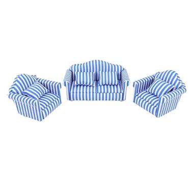 Imagem de TOPINCN Conjunto de Móveis para Casa de Bonecas de 3 Peças, sofá Em Miniatura Em Escala 1:12, sofá de Boneca para Sala de Estar, Conjunto de Assentos de Relaxamento Em Tecido de Pinho (Azul)