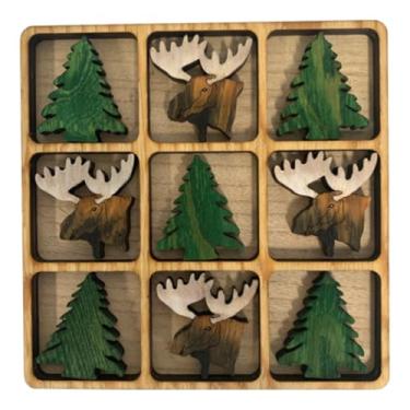 Imagem de Wood Tic Tac Toe 10 Wood Pieces Plus Game Board Moose and Pine Tree 11 Inches X 8 Inches X .5 Inches