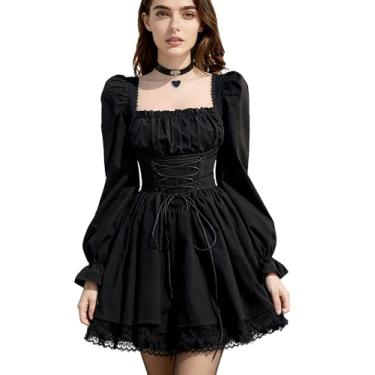 Imagem de Espartilho feminino gótico de manga comprida, vestido lolita gótico renascentista, vestido de Halloween Emo Alt (preto, G