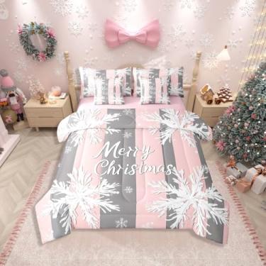 Imagem de Erosebridal Conjunto de cama solteiro Merry Christmas, 7 peças, para meninas, floco de neve de inverno, com lençóis, decoração de Natal, rosa e cinza, listras geométricas para meninas e adolescentes