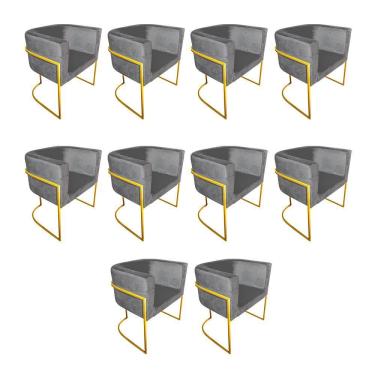 Imagem de Kit 10 Cadeiras De Jantar Premium Base De Ferro Dourada Veludo Cinza