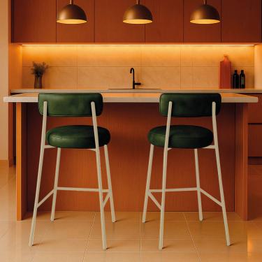 Imagem de Banqueta Cozinha Média com Encosto Industrial Champanhe Kit 2 Londres PU Verde D03 - D'Rossi