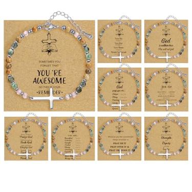 Imagem de BOMAIL 9 pulseiras cruzadas para mulheres – Pulseiras inspiradoras cristãs, presentes de pedras naturais curativas, conjunto de pulseiras ajustáveis para presente de batismo e páscoa, adjustable