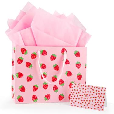 Imagem de Yiran Sacos de presente de morango, bolsa de presente rosa com alças, presente de aniversário, embrulho de doces para adolescentes, meninas, decoração de morango, lembrancinhas de festa