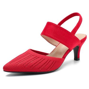Imagem de Enelauge Sandália feminina de salto baixo de malha com tira elástica no tornozelo, bico fechado, bico fino, para casamento, formatura, Vermelho, 40