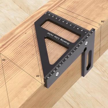 Imagem de Kosmi Régua de medição multiângulo 3D métrica e imperial, transferidor quadrado de liga de alumínio de 45/90 graus, transferidor de madeira, ferramenta de medição de ângulo (quadrado imperial preto)