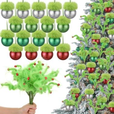 Imagem de Syhood 36 bolas de árvore de Natal verde limão e topo de palitos de árvore, lindos enfeites de Natal com glitter com cabelo verde felpudo, enfeites de palheta encaracolada para lareira de guirlanda de