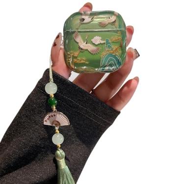 Imagem de PHOEACC Capa protetora de TPU para AirPod 4 para mulheres e meninas, fofo, cultural, sorte, elegante, guindaste com borlas, compatível com AirPods 4ª geração (guindaste verde)