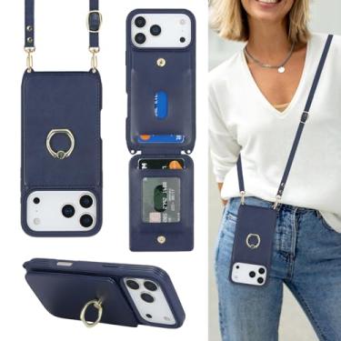 Imagem de Lipvina Capa para iPhone 17 Pro com suporte para cartão e alça para mulheres, cordão transversal, suporte de anel, fecho de pressão, capas de carteira de telefone fofas de 6,3 polegadas (azul escuro)