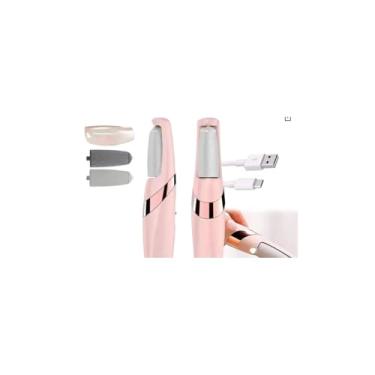 Imagem de Esfoliador Elétrico Para Pés Portátil, Branco e Dourado, Recarregável via USB, com 2 Discos Abrasivos, Compartimento para Resíduos, 14,5 x 5,5 cm