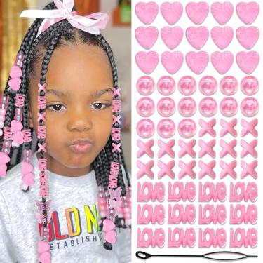 Imagem de NAISKA 60 peças de contas de cabelo rosa de coração para crianças, joias grandes de dreadlock para tranças, contas de pônei, acessórios para tranças fofas, decoração de cabelo para mulheres e meninas