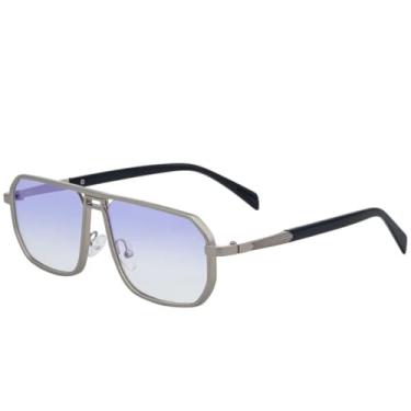 Imagem de Óculos de sol retrô de metal quadrado vazado feminino, moda masculina, clássico, para dirigir, viajar, pescar, UV400 (prata, azul claro)