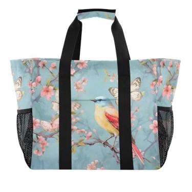 Imagem de Wassud Bird in Cherry Blossom Sacola de compras reutilizável grande bolsa organizadora de lona impermeável para praia, piquenique, lavanderia, viagem